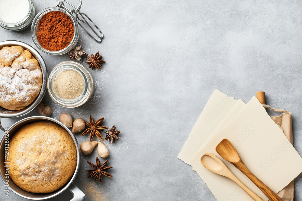 Fototapeta premium Baking essentials arranged for a cozy kitchen activity with spices and ingredients