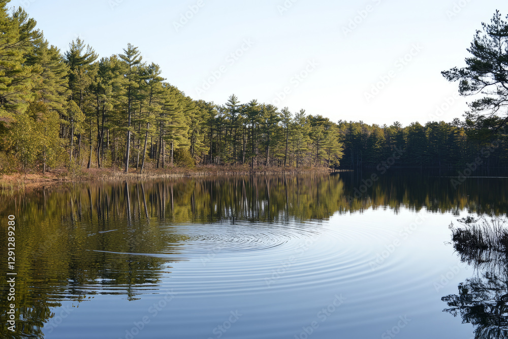 A calm, crystal clear lake surrounded by towering pine trees, with the reflection of the trees perfectly mirrored on the water. Soft ripples in the water suggest a gentle breeze. A calm, crystal clear lake surrounded by towering pine trees, with the reflection of the trees perfectly mirrored on the water. Soft ripples in the water suggest a gentle breeze.