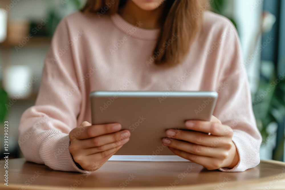 Young person enjoying a tablet while relaxing in a cozy indoor space with plants Young person enjoying a tablet while relaxing in a cozy indoor space with plants