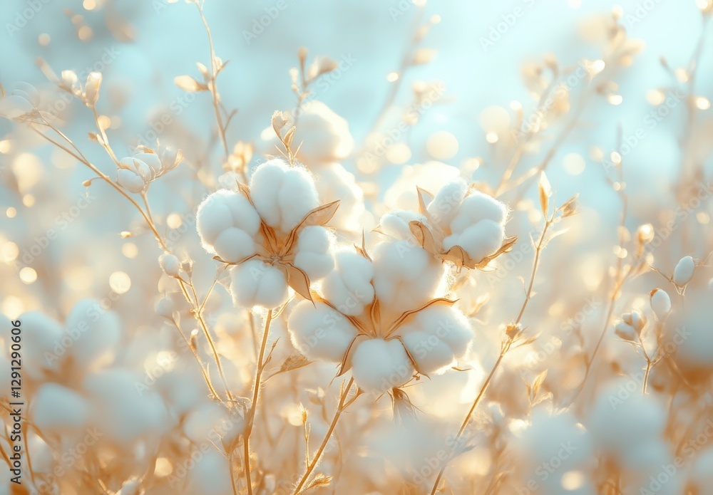 Soft Cotton Blooms in a Sunlit Field with Blurred Background and Gentle Bokeh Effect Creating a Dreamy Atmosphere for Nature and Agriculture Themes Soft Cotton Blooms in a Sunlit Field with Blurred Background and Gentle Bokeh Effect Creating a Dreamy Atmosphere for Nature and Agriculture Themes
