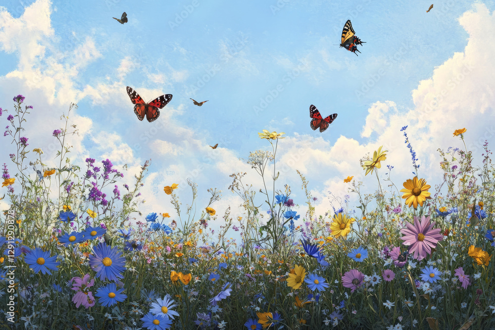 A field of wildflowers swaying gently in a breeze beneath a bright, clear blue sky. Butterflies flutter among the blossoms while birds fly overhead in the distance. The feeling is serene and full of A field of wildflowers swaying gently in a breeze beneath a bright, clear blue sky. Butterflies flutter among the blossoms while birds fly overhead in the distance. The feeling is serene and full of