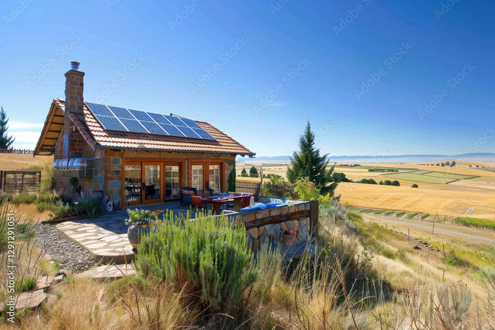A rural house with a solar water heater on the roof, surrounded by scenic farmland and clear weather, showcasing eco-friendly living A rural house with a solar water heater on the roof, surrounded by scenic farmland and clear weather, showcasing eco-friendly living