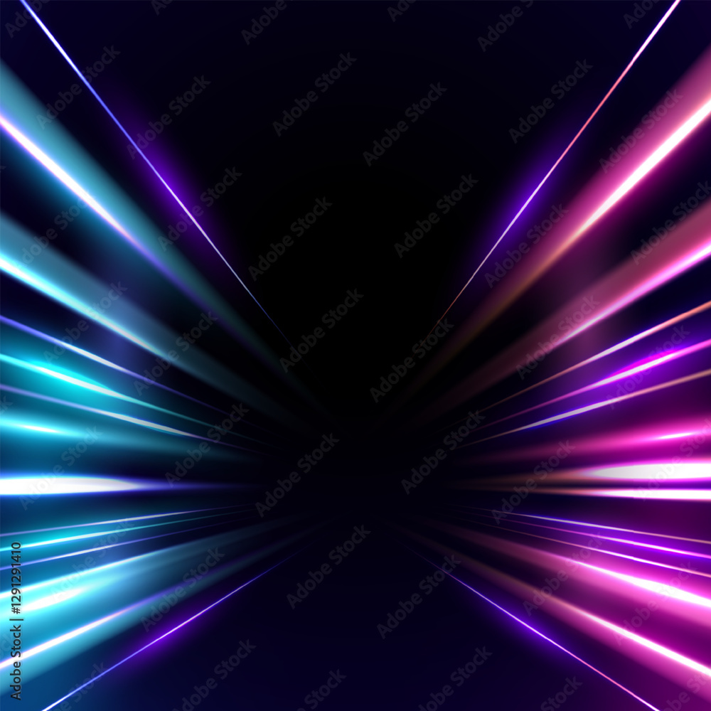 Obraz premium Dynamic motion light trails with motion blur effect on dark background. Modern abstract high-speed movement. Futuristic, technology pattern for banner or poster design.
