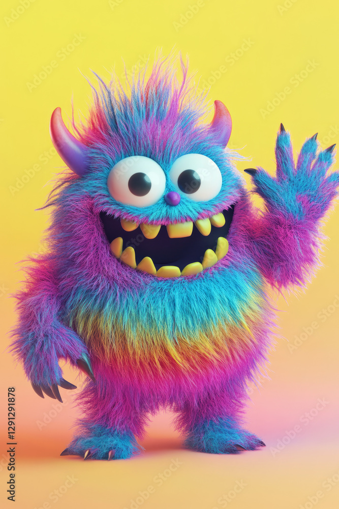 A friendly monster covered in soft, fluffy fur, waving with a big toothy grin. The vibrant, playful design makes it look like a character from a children storybook. A friendly monster covered in soft, fluffy fur, waving with a big toothy grin. The vibrant, playful design makes it look like a character from a children storybook.
