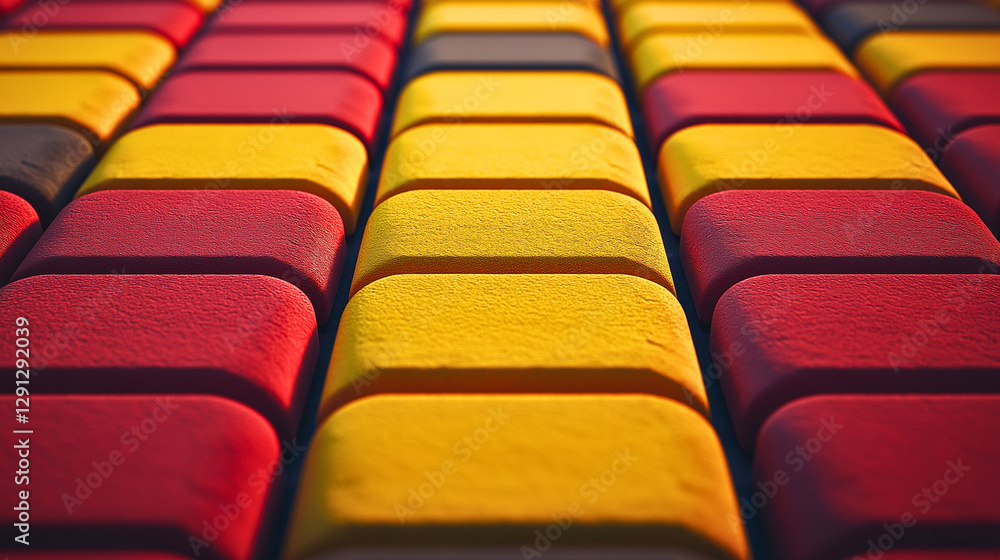 Fototapeta premium Red and Yellow Interlocking Paver Blocks with Smooth Grainy Texture in Neat Row