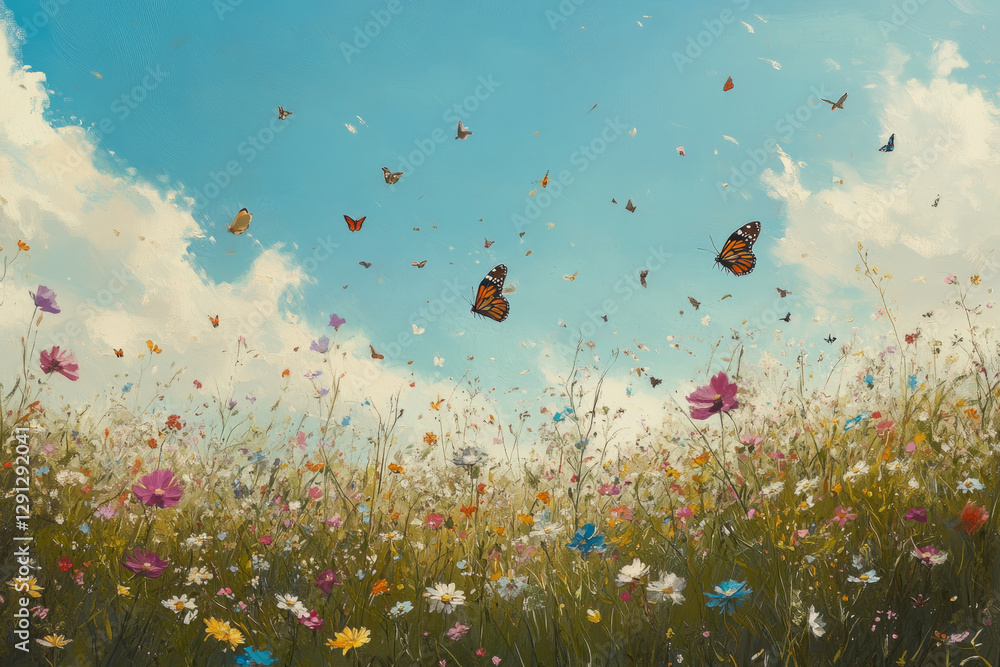 A field of wildflowers swaying gently in a breeze beneath a bright, clear blue sky. Butterflies flutter among the blossoms while birds fly overhead in the distance. The feeling is serene and full of A field of wildflowers swaying gently in a breeze beneath a bright, clear blue sky. Butterflies flutter among the blossoms while birds fly overhead in the distance. The feeling is serene and full of