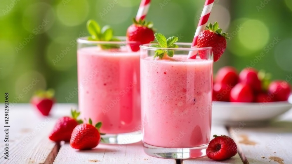 two glasses of fresh strawberry smoothie on a rustic wooden table with fresh strawberries, raspberries, blurred green background, healthy drinks, summer beverages, organic food, nutrition two glasses of fresh strawberry smoothie on a rustic wooden table with fresh strawberries, raspberries, blurred green background, healthy drinks, summer beverages, organic food, nutrition