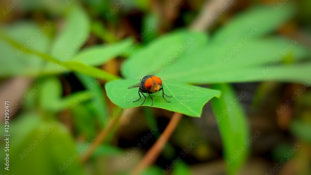 Fototapeta premium A macro photograph of a red-eyed fly on a green leaf.