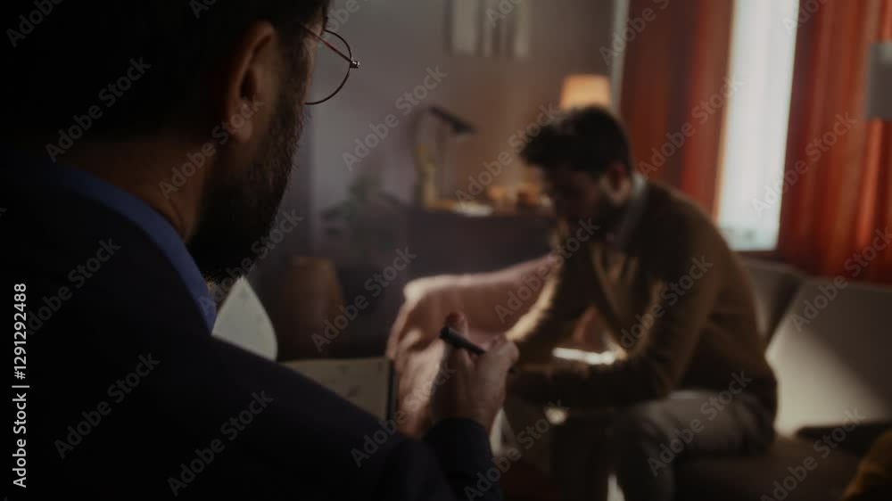 Man therapist with notebook and pen offers insight of life problems