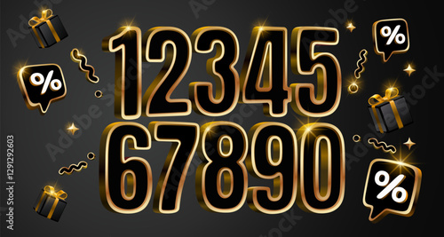 golden collection of numbers, volumetric symbols, set of numbers for sale. Vector illustration 