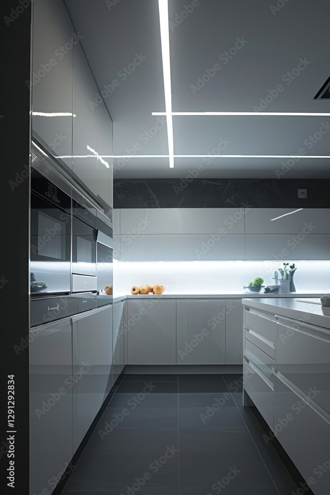 A sleek kitchen illuminated by bright, energy-saving LED ceiling panels, with a futuristic and minimalist design A sleek kitchen illuminated by bright, energy-saving LED ceiling panels, with a futuristic and minimalist design