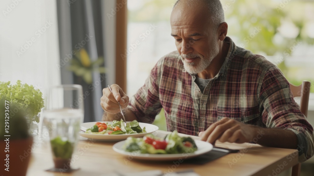 Hypertension patient enjoying a heart-healthy meal at the dining table. Featuring nutritious eating habits Hypertension patient enjoying a heart-healthy meal at the dining table. Featuring nutritious eating habits