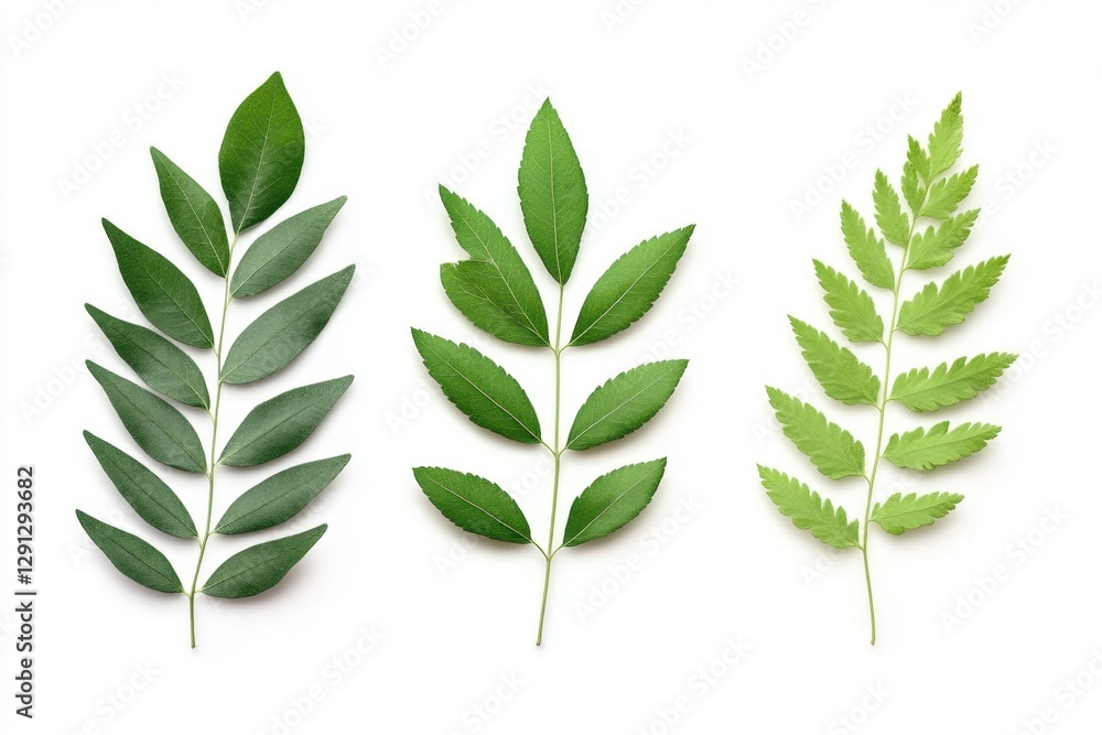 Three different green leaves on white background Three different green leaves on white background