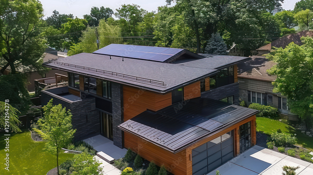 A sleek solar shingle roof on a modern suburban home, blending technology and aesthetics A sleek solar shingle roof on a modern suburban home, blending technology and aesthetics