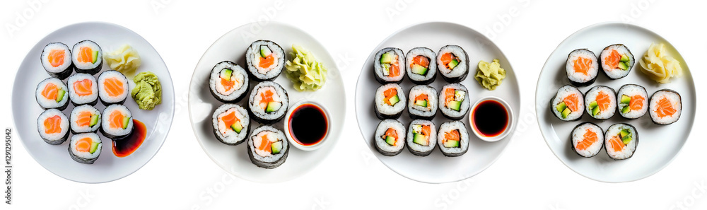 Beautifully arranged sushi rolls on elegant plates, with wasabi and soy sauce for a tantalizing culinary experience Beautifully arranged sushi rolls on elegant plates, with wasabi and soy sauce for a tantalizing culinary experience