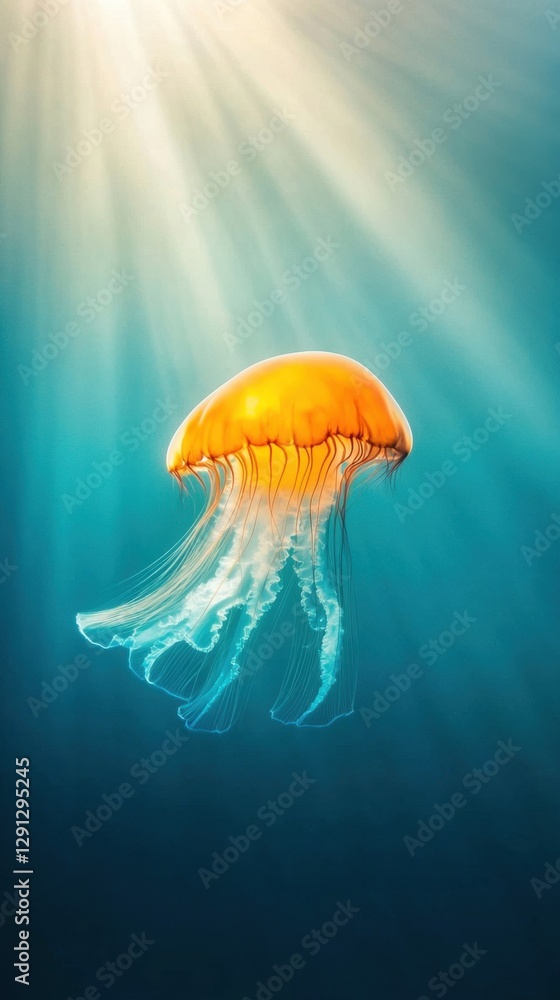 Fototapeta premium Jellyfish swimming in sunlit ocean depths