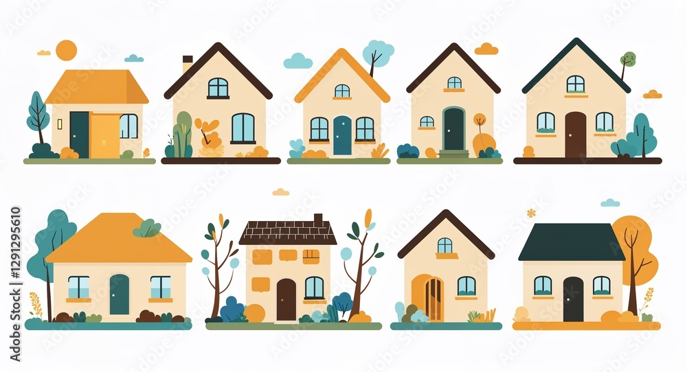 Set bundle of beige suburban house minimalist childish style illustration on plain white background Set bundle of beige suburban house minimalist childish style illustration on plain white background