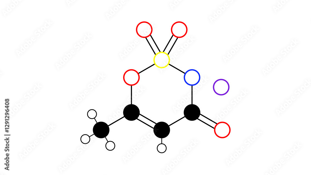 acesulfame potassium molecule, structural chemical formula, ball-and-stick model, isolated image e950 acesulfame potassium molecule, structural chemical formula, ball-and-stick model, isolated image e950