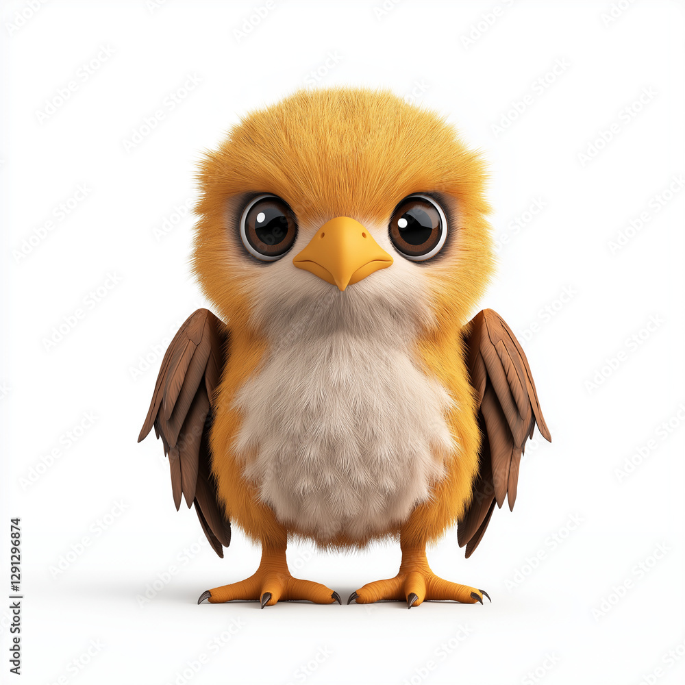 Fototapeta premium cute, fluffy yellow bird with big eyes and small wings, standing confidently. This adorable character exudes friendly and playful vibe, perfect for children illustrations