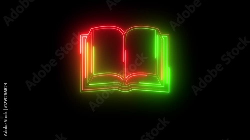 Glowing neon line book icon animation with black background.