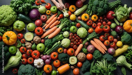 Stile di vita salutare: Concetto di dieta ed alimentazione sana e vegetariana, ortaggi freschi e frutta bio di agricoltura sostenibile