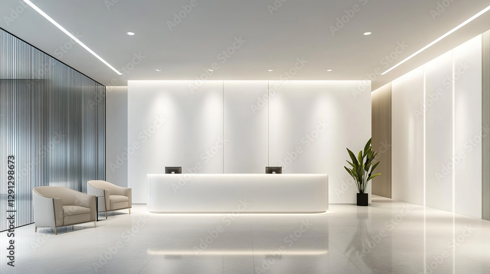 Modern office lobby with minimal design, embodying simplicity and professionalism in a clean, natural light setting. Modern office lobby with minimal design, embodying simplicity and professionalism in a clean, natural light setting.