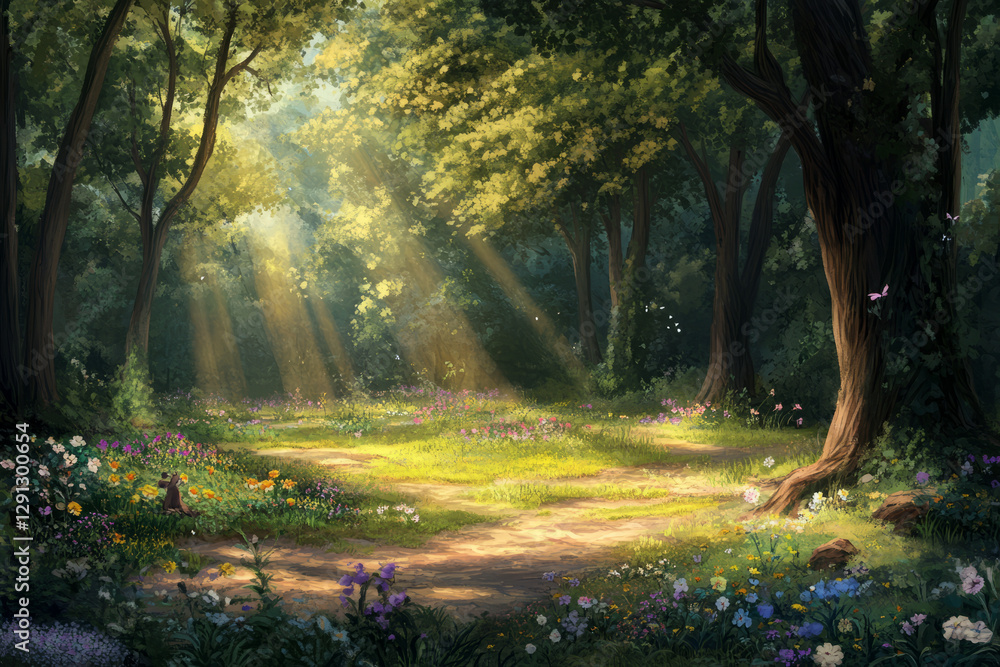 Obraz premium Illustration of a lush forest clearing with dappled sunlight filtering through the trees. The ground is carpeted with wildflowers, and small woodland creatures are scattered throughout, adding life to