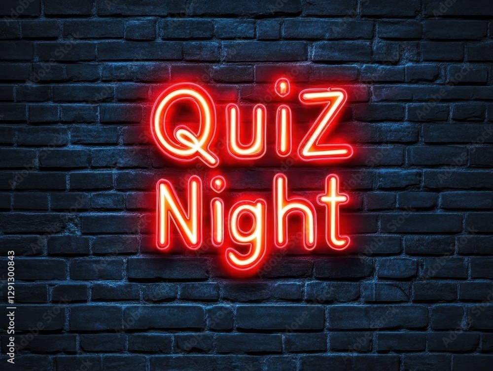 Obraz premium Quiz night neon sign on dark brick wall