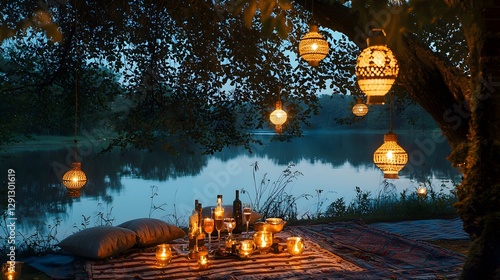 A vibrant lakeside picnic where glowing lanterns hang from radiant trees, and 1950s models sip cocktails in a serene setting