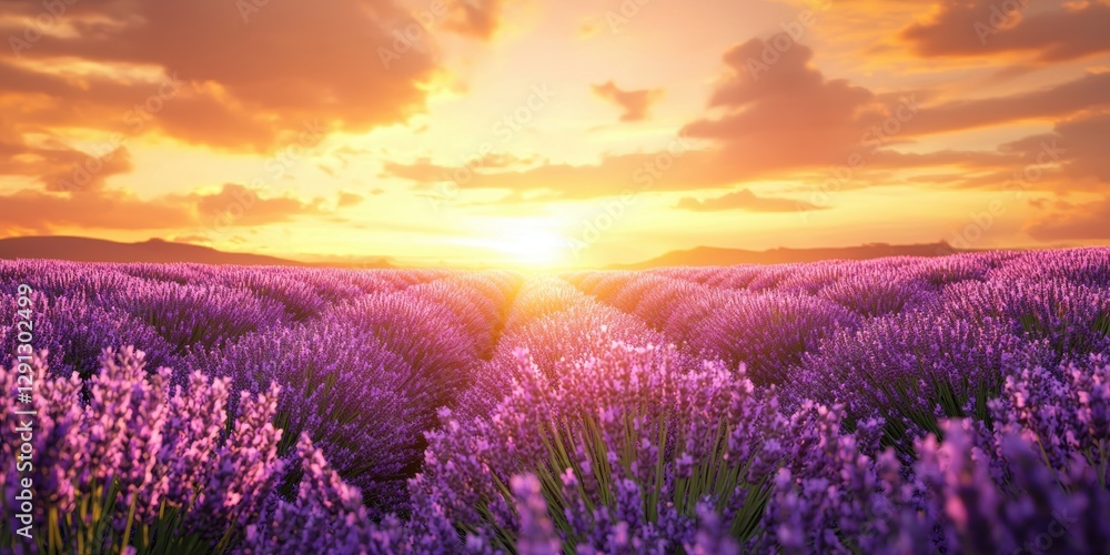 Fototapeta premium 3d background minimalistic mockup with space for text, vibrant lavender field under the golden glow of sunset