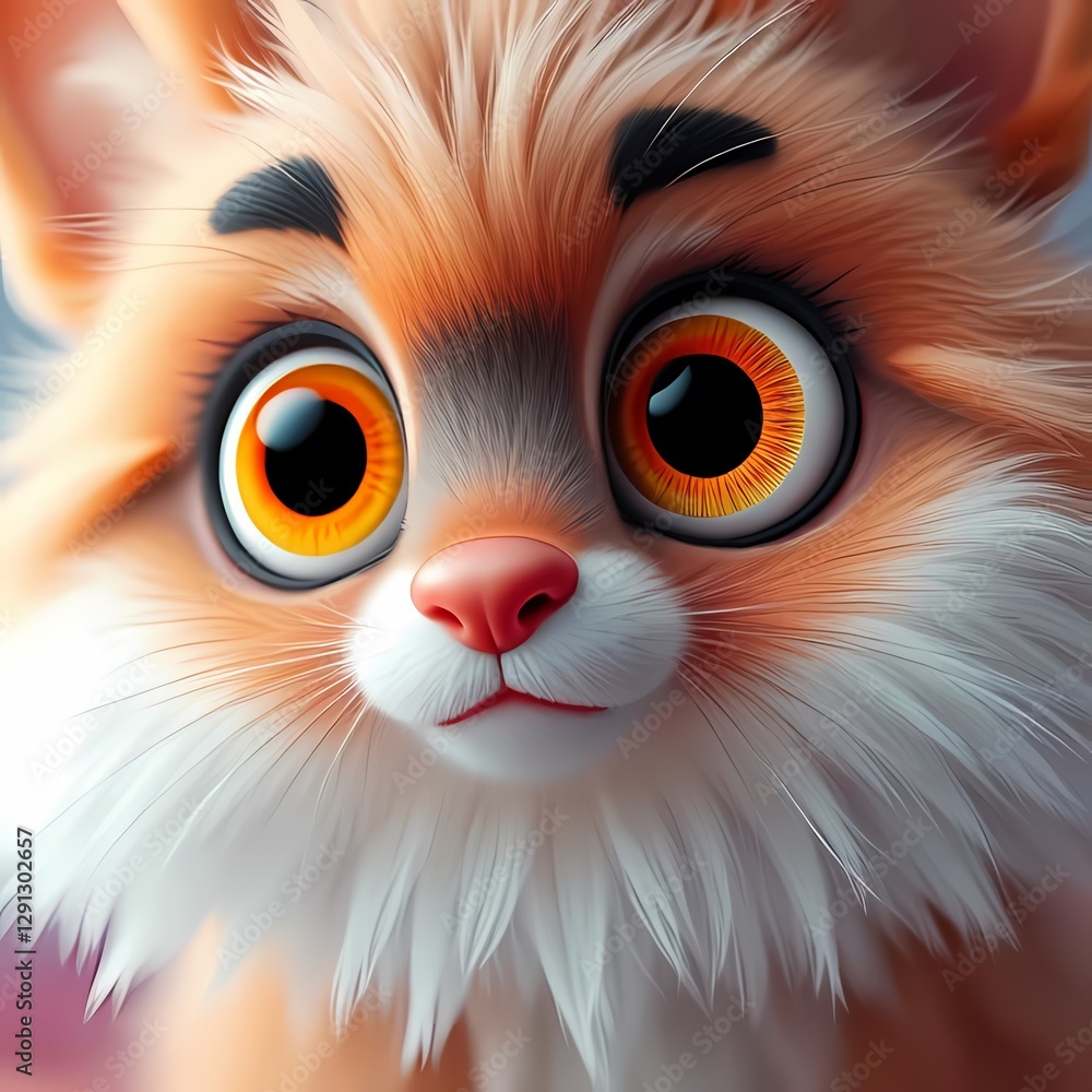 Fototapeta premium Wide‑eyed cartoonish orange kitten with expressive eyebrows and soft fur