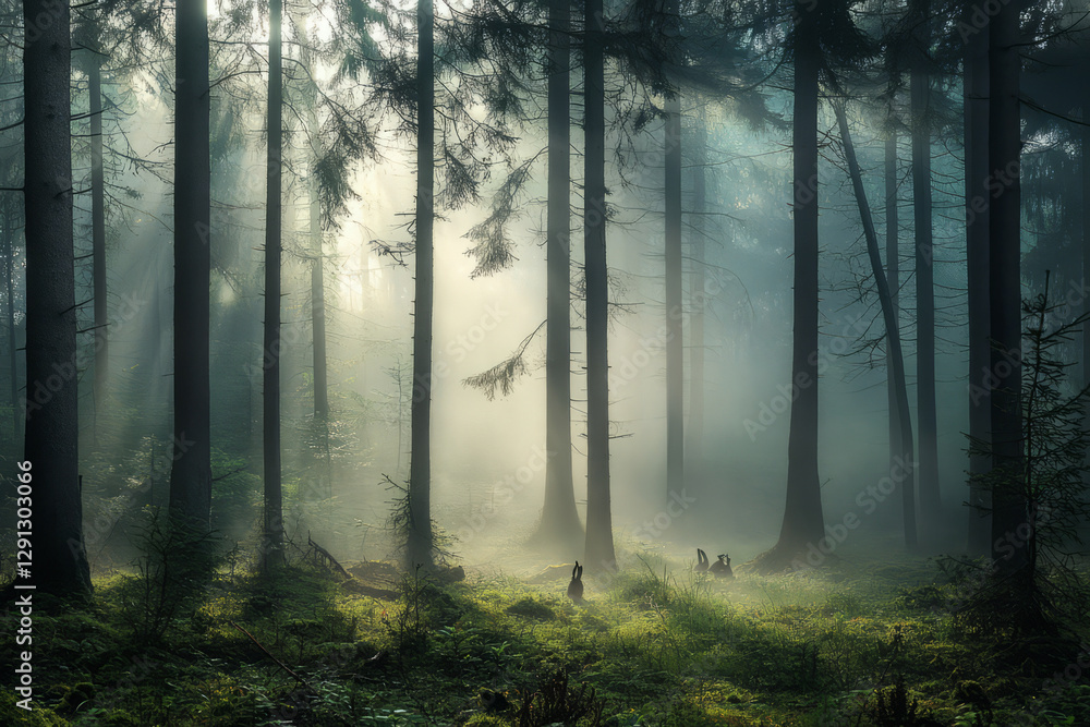 Fototapeta premium A misty morning in a dense pine forest, where fog rolls over the ground and between the towering trees. A few wild rabbits hop along the forest floor, and the sun's first rays shine through the haze.