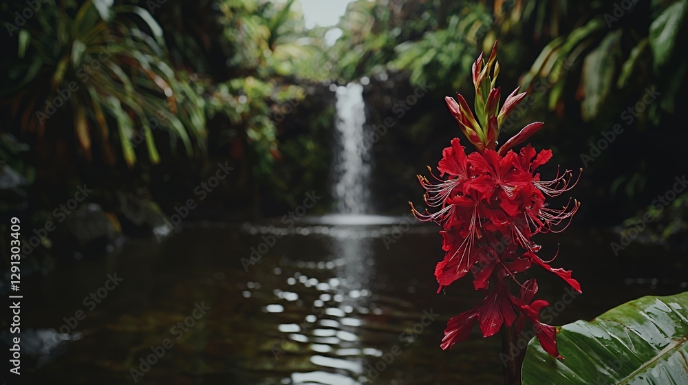 Vibrant Red Flower Near a Lush Waterfall in a Tropical Forest Vibrant Red Flower Near a Lush Waterfall in a Tropical Forest