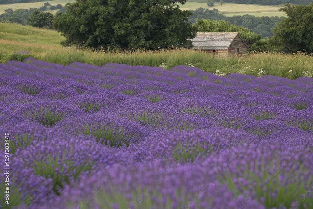 A breathtaking view of a lavender field at sunrise, with endless rows of vibrant purple flowers stretching toward the horizon. A small wooden cottage sits in the distance, adding a cozy charm to the A breathtaking view of a lavender field at sunrise, with endless rows of vibrant purple flowers stretching toward the horizon. A small wooden cottage sits in the distance, adding a cozy charm to the