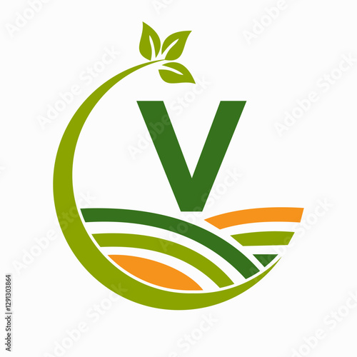Initial Letter V Agriculture And Farming Logo Combine With Field and Leaf Symbol