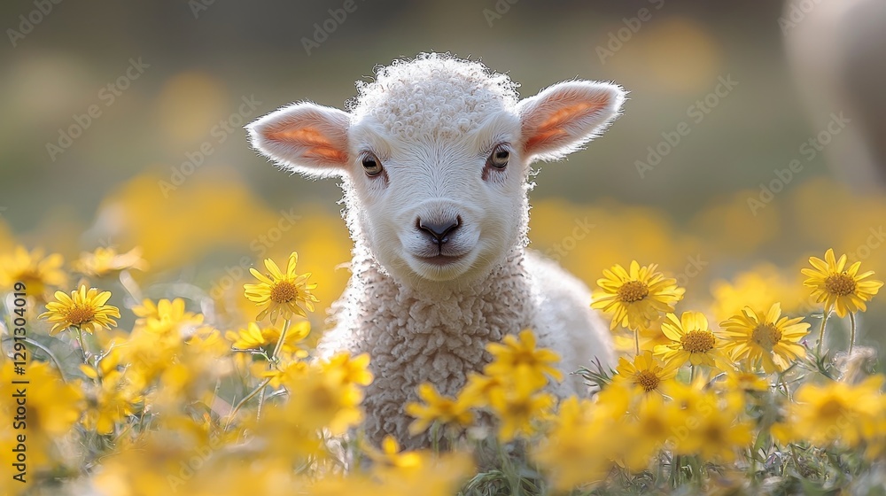 Adorable lamb with fluffy white wool surrounded by vibrant yellow flowers in a sunny meadow setting Adorable lamb with fluffy white wool surrounded by vibrant yellow flowers in a sunny meadow setting