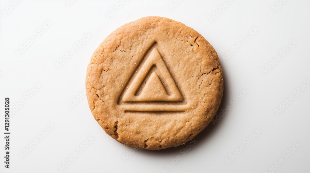 Fototapeta premium Circular cookie with the triangle simple icon on it, isolated on solid white background.