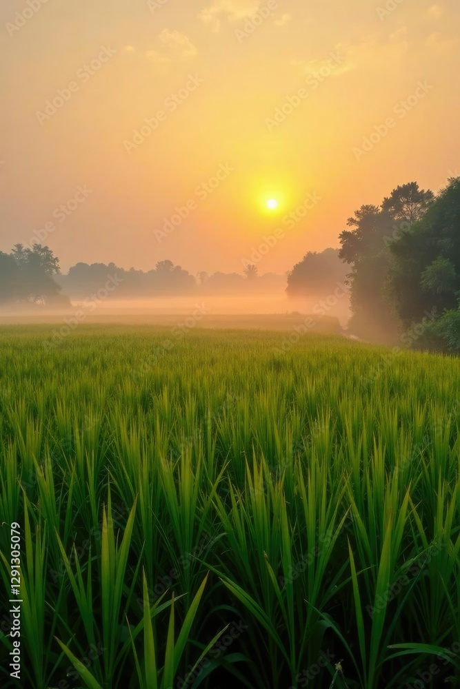 Misty dawn on a rice field landscape with soft golden light filtering through, golden hour, rice field, dawn Misty dawn on a rice field landscape with soft golden light filtering through, golden hour, rice field, dawn