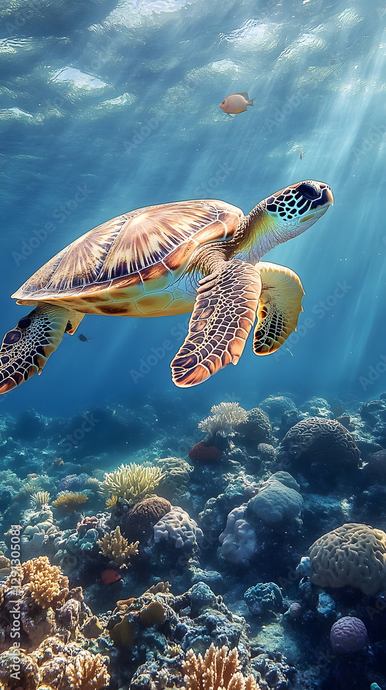 Obraz premium A sea turtle swimming gracefully in the clear blue ocean, surrounded by coral reefs and marine life 