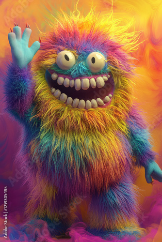 A friendly monster covered in soft, fluffy fur, waving with a big toothy grin. The vibrant, playful design makes it look like a character from a children storybook.