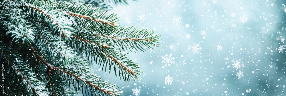 3d background minimalistic mockup with space for text, fresh snowflakes settling on evergreen branches 3d background minimalistic mockup with space for text, fresh snowflakes settling on evergreen branches