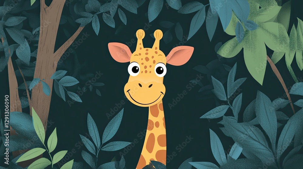 Fototapeta premium A giraffe peeking from behind a tree, playful and curious, jungle background, simple line drawing for kids