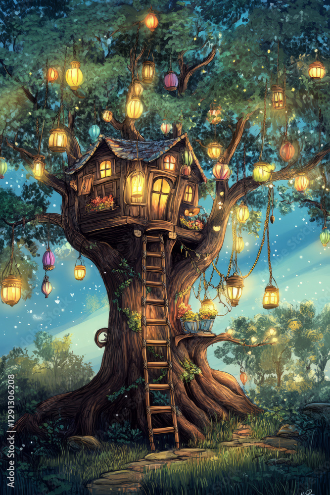 Obraz premium Illustration of a magical treehouse nestled high in the branches of a giant oak tree, with colorful lanterns hanging from the branches and a rope ladder leading up. The whimsical scene sparks
