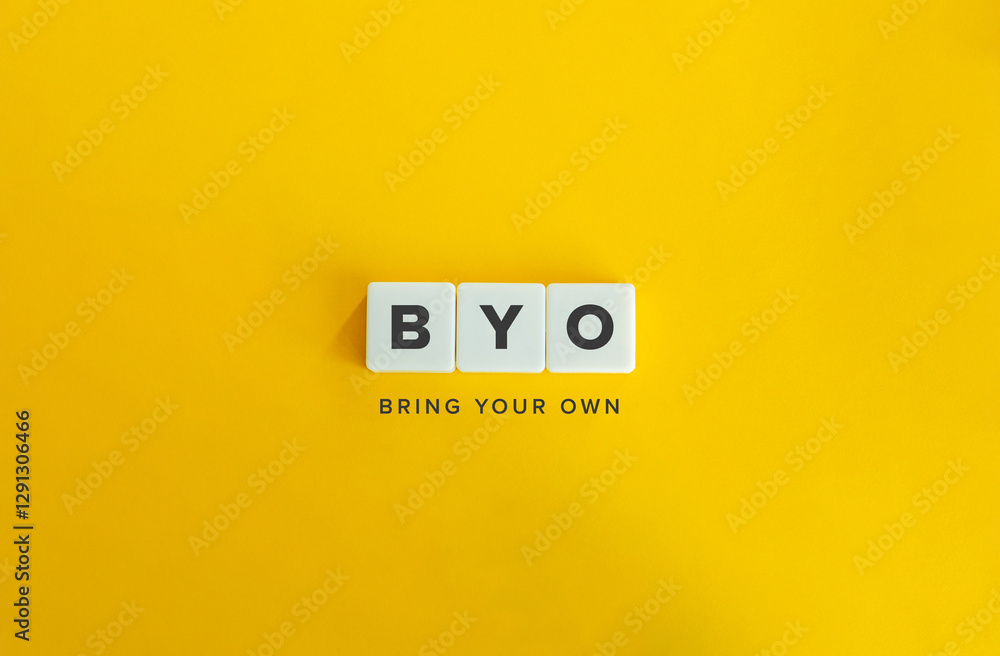 Bring Your Own, BYO. Block Letter Tiles on Flat Background. Minimalist Aesthetics. Bring Your Own, BYO. Block Letter Tiles on Flat Background. Minimalist Aesthetics.