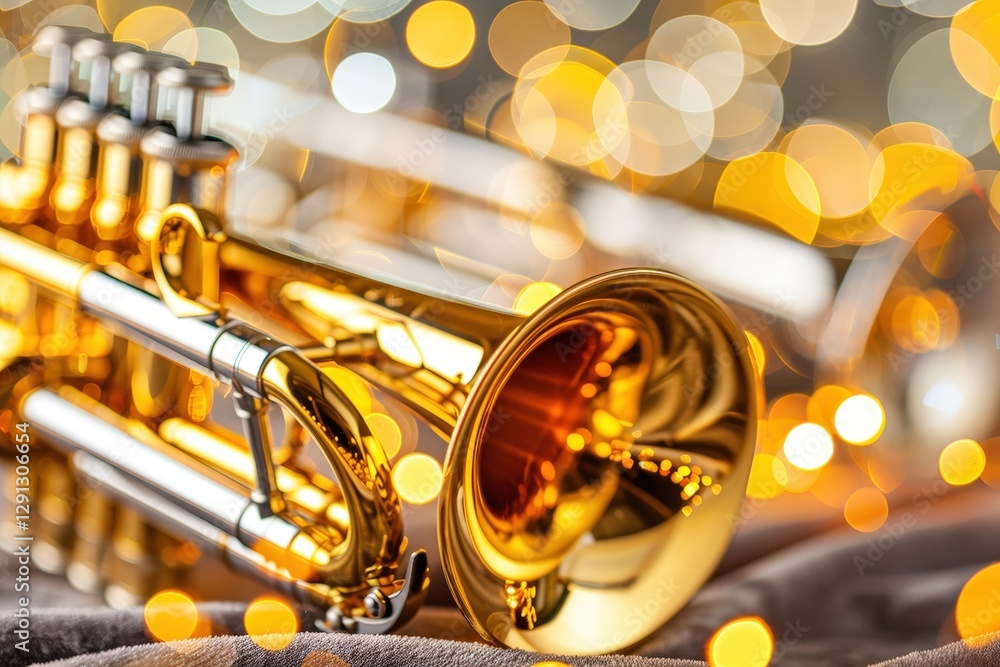 Fototapeta premium A close-up of a shiny brass trumpet, adorned with warm bokeh lights, evoking a festive and musical atmosphere.