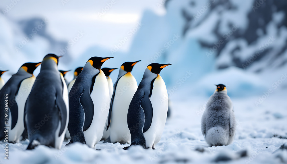 Obraz premium Group of king penguins standing on snow.