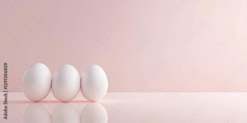 Fototapeta premium 3d background minimalistic mockup with space for text, elegant white ceramic Easter eggs with soft reflections
