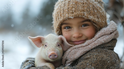 Child joyfully holding a piglet in wintry landscape, showcasing warmth and connection amidst gentle snowfall