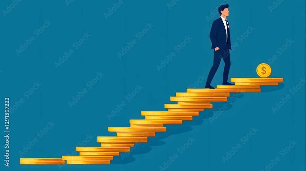 Business figure stepping up golden coin stairs, achieving financial milestones, clean flat vector Business figure stepping up golden coin stairs, achieving financial milestones, clean flat vector