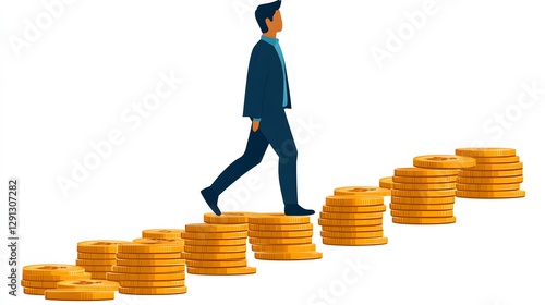 Business professional walking up stacked coins, concept of financial prosperity, modern flat design photo